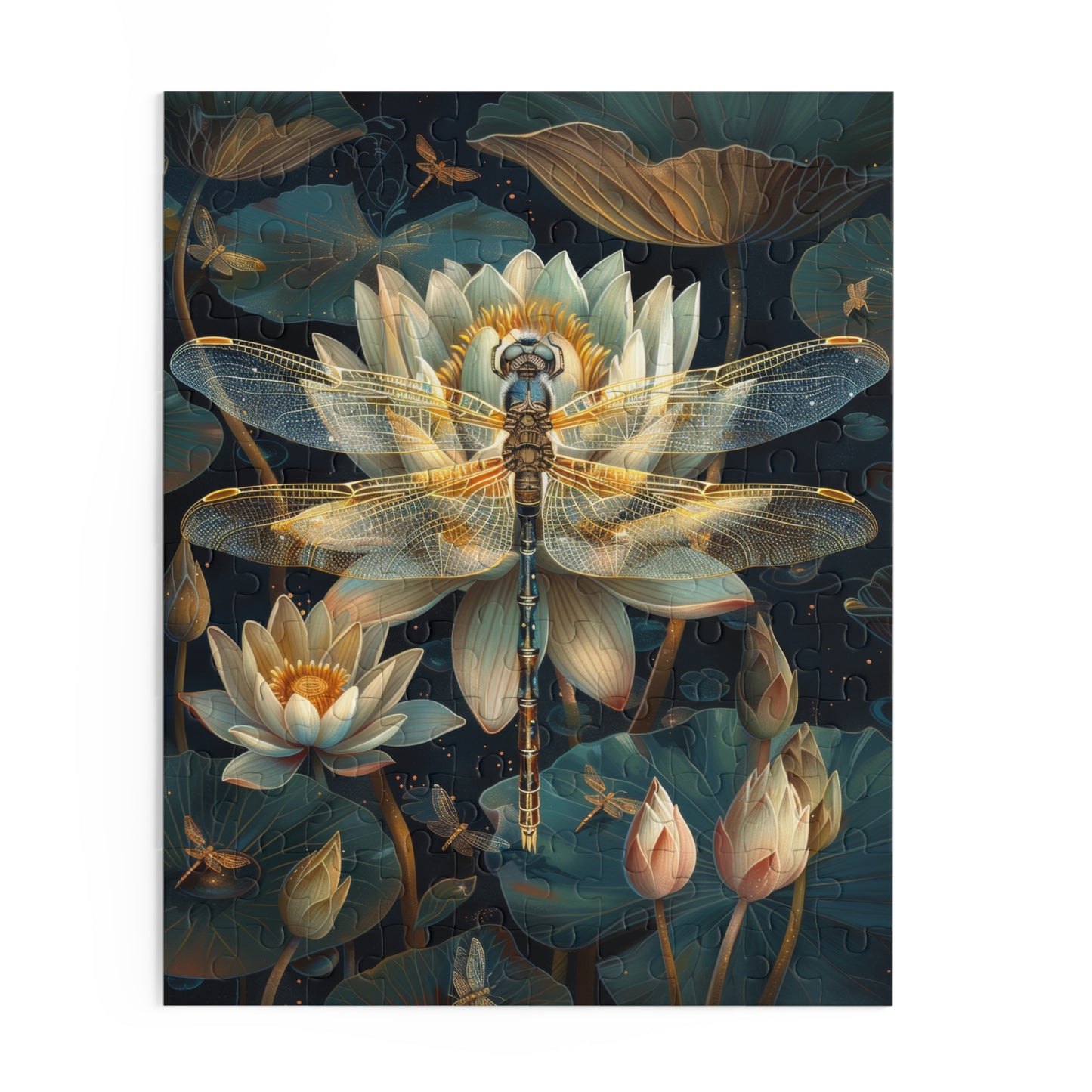 Art deco of Dragonfly Water Lily Jigsaw Puzzle (120, 252, 500-Piece) Family Jigsaw Puzzle, Puzzle Box Gift