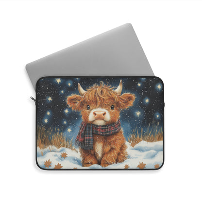 Winter Highland Cow Laptop Sleeve, Cozy Christmas Cow Art Case, Cute Scottish Highland Calf in Snow Laptop Cover (12”, 13”, 15”)