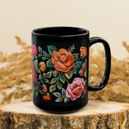 Vintage Roses Pattern Embroidery Black Mug 11oz