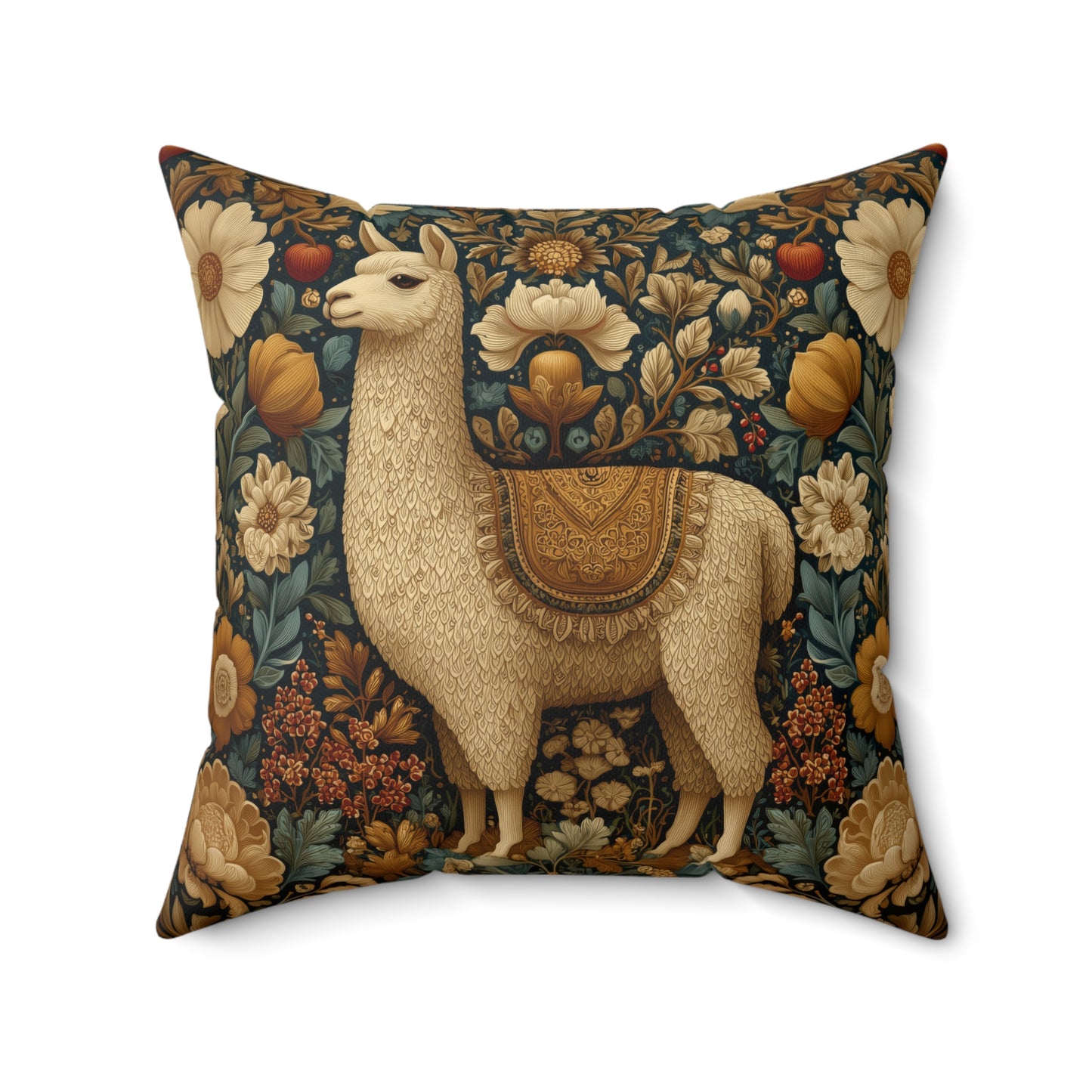 Golden Alpaca Floral Pillow, William Morris Style Botanical Animal Cushion Home Décor