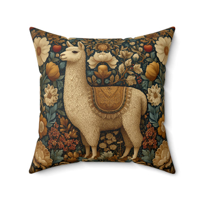 Golden Alpaca Floral Pillow, William Morris Style Botanical Animal Cushion Home Décor