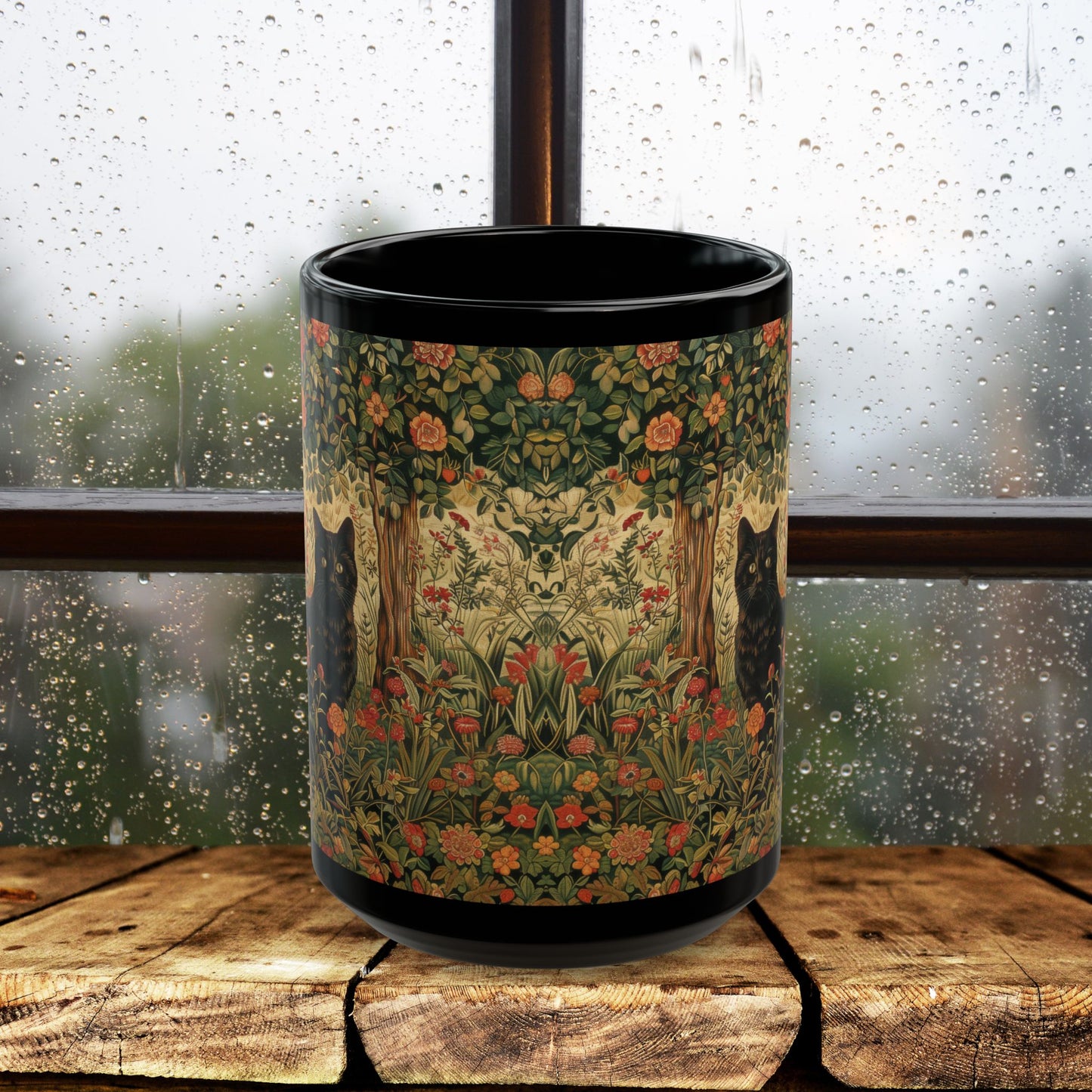 Black Cat Floral Mug, William Morris Style Botanical Cat Coffee Mug, Dark Academia Black Ceramic Mug 11oz & 15oz