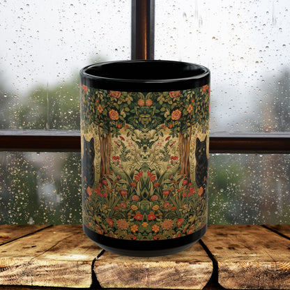 Black Cat Floral Mug, William Morris Style Botanical Cat Coffee Mug, Dark Academia Black Ceramic Mug 11oz & 15oz