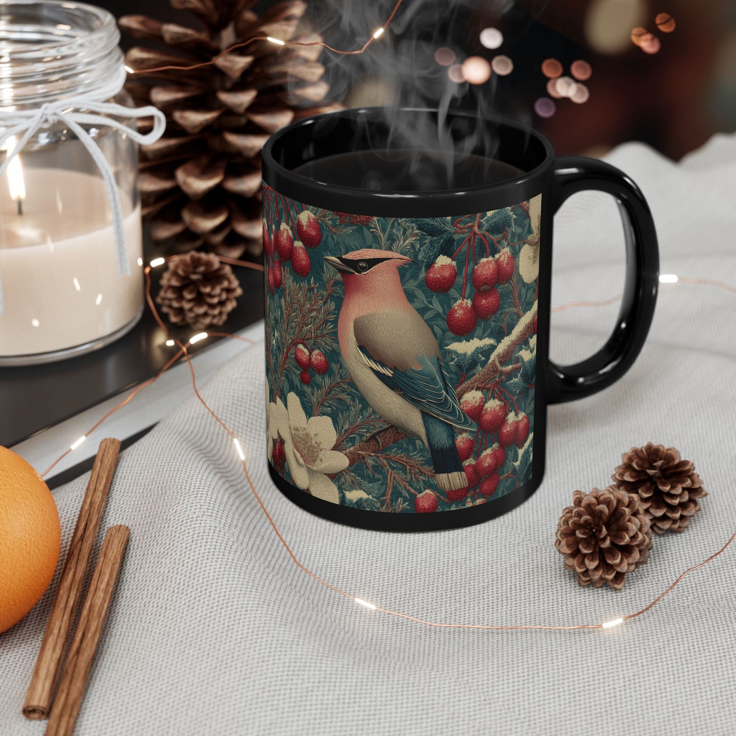 Waxwing Bird Vintage Berry Botanical Black Mug (11oz,15oz) Nature Lover Wildlife Art Gift