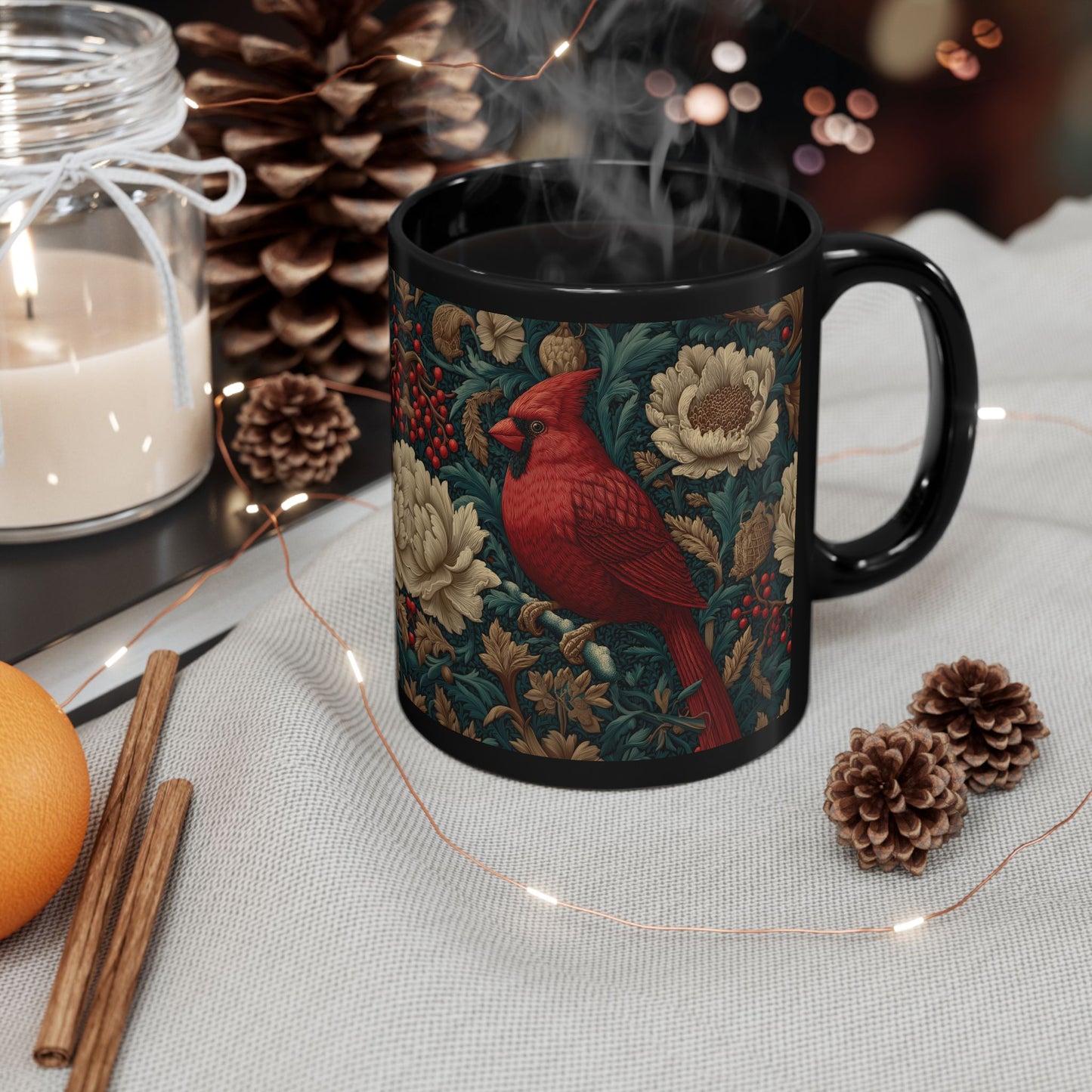 Red Cardinal Coffee Mug William Morris Inspired Floral Black Ceramic Cup (11oz, 15oz)