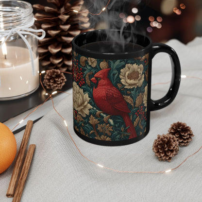 Red Cardinal Coffee Mug William Morris Inspired Floral Black Ceramic Cup (11oz, 15oz)
