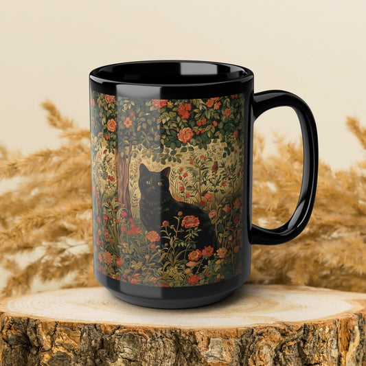 Black Cat Floral Mug, William Morris Style Botanical Cat Coffee Mug, Dark Academia Black Ceramic Mug 11oz & 15oz