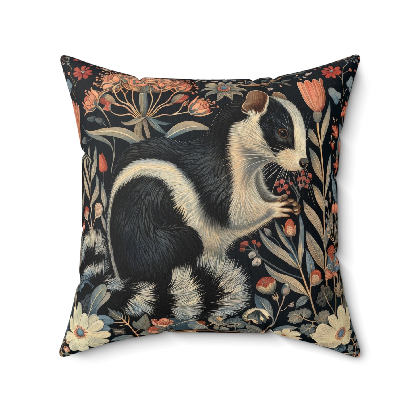 Floral Skunk Art Nouveau Pillow, William Morris Inspired Decor, Spun Polyester Square Cushion, Home Decor Accent, Unique Gift Idea