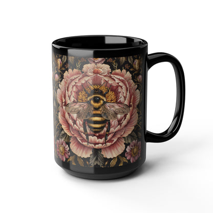 William Morris Inspired Bumblebee Pink Peony Black Coffee Mug For Her Him Ceramic Mug Black Mug 11oz, 15oz