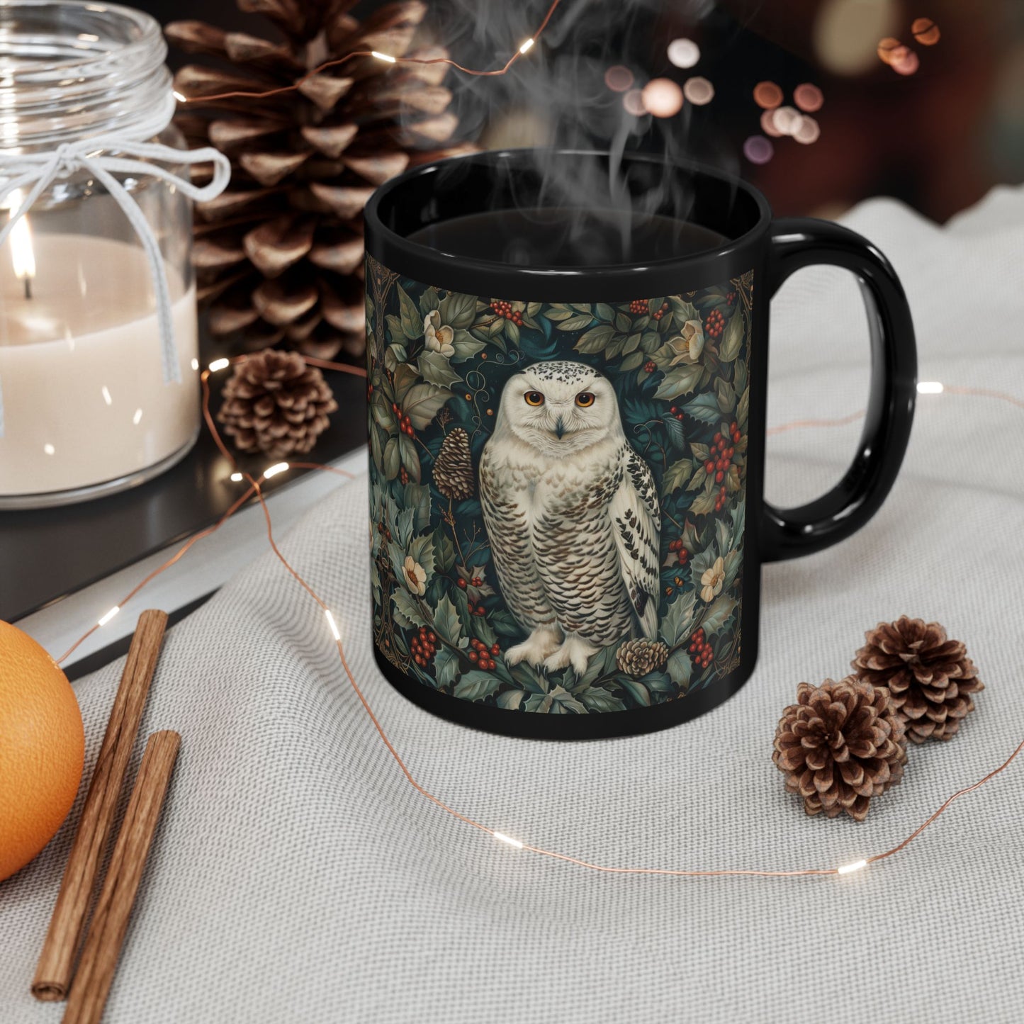 Snowy Owl Winter Mug: Black Ceramic Holiday Coffee Cup (11oz,15oz)