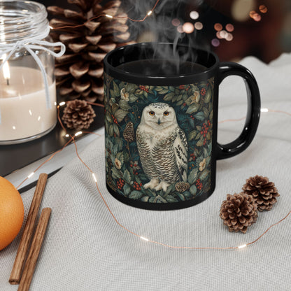 Snowy Owl Winter Mug: Black Ceramic Holiday Coffee Cup (11oz,15oz)
