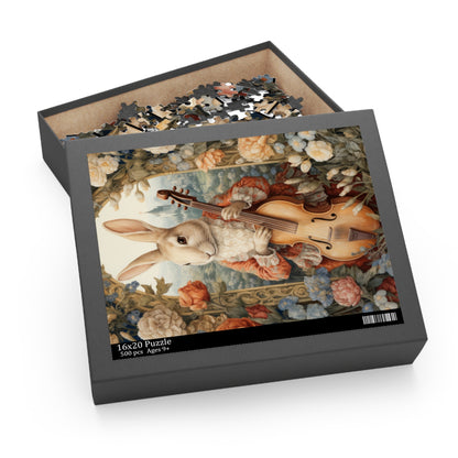 William Morris Inspired Victorian Rococo Rabbit Plays The Cello  Jigsaw Puzzle (120, 252, 500-Piece)