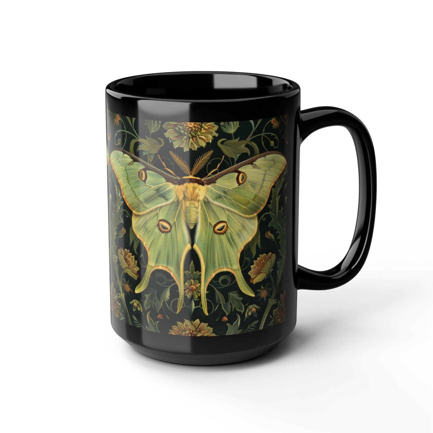 Woodland Luna Moth William Morris Inspired Black Coffee Mug For Her Him Ceramic Mug Black Mug 11oz, 15oz