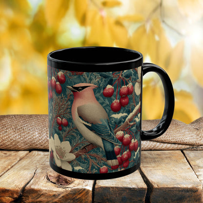 Waxwing Bird Vintage Berry Botanical Black Mug (11oz,15oz) Nature Lover Wildlife Art Gift