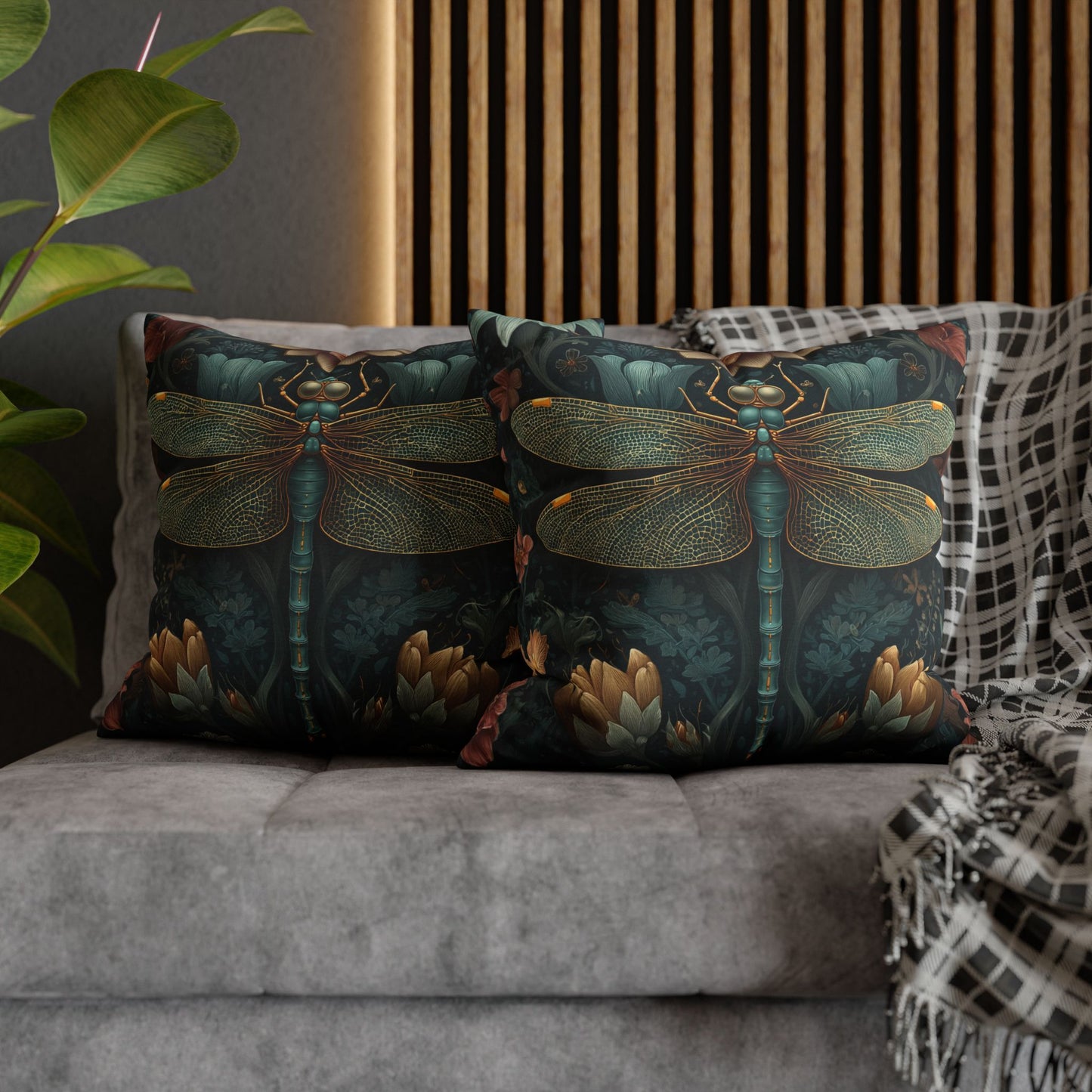 William Morris Inspired Dragonfly Pillowcase, Teal Botanical Art Nouveau Dragonfly Floral Decorative Pillow Cover