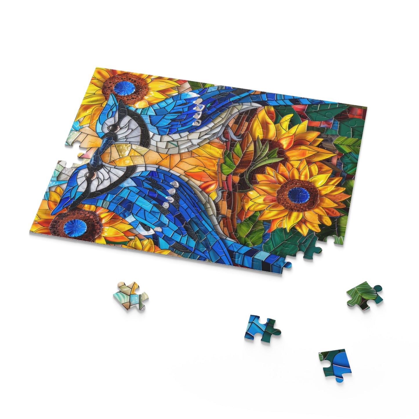 Stained Glass Blue Jay Lovebirds Sunflower Field Jigsaw Puzzle (120, 252, 500-Piece) Gift-Ready Box, Adult Jigsaw Puzzle