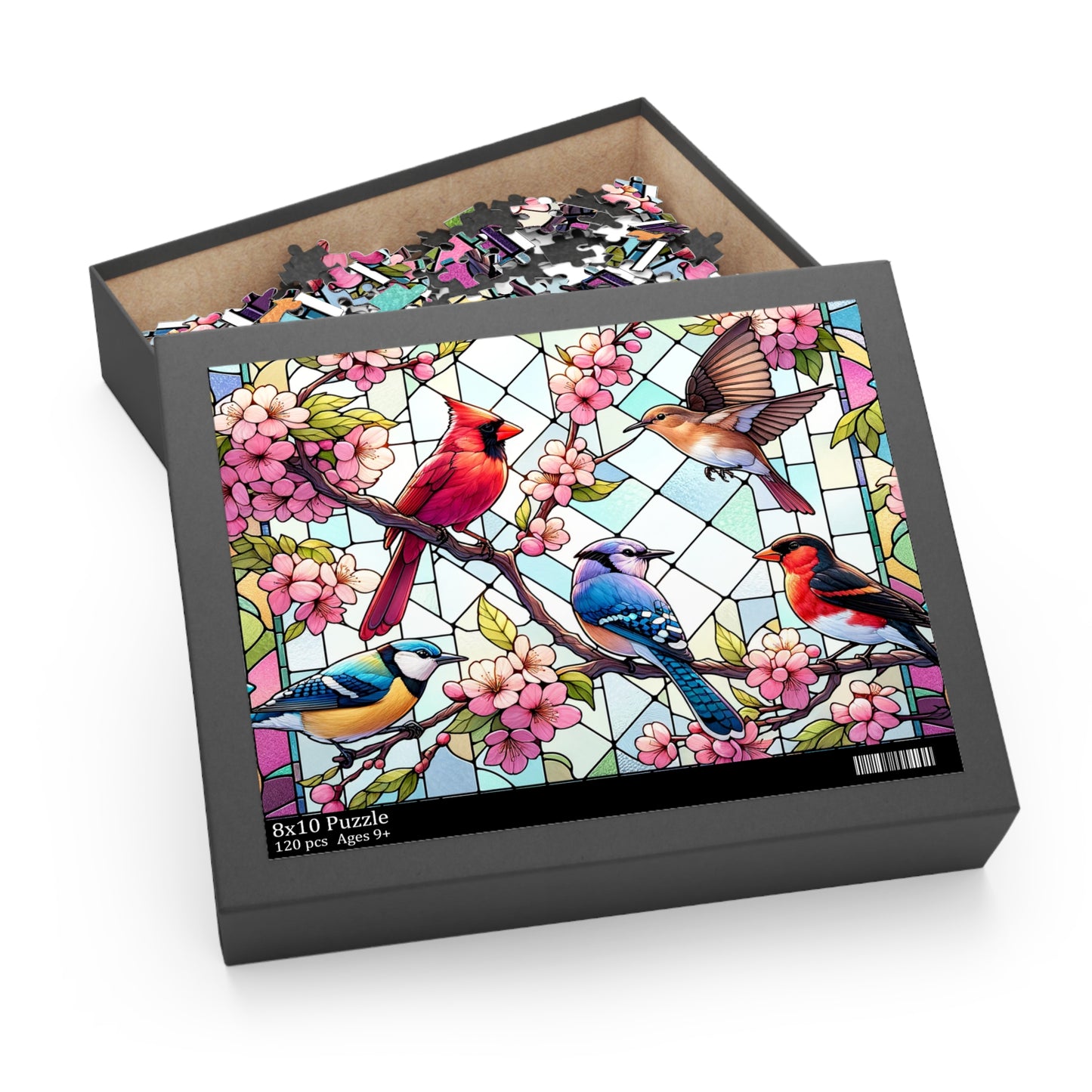 Stained Glass of 5 Spring Birds Jigsaw Puzzle (120, 252, 500-Piece) Adult Jigsaw Puzzle, Gift Him Her