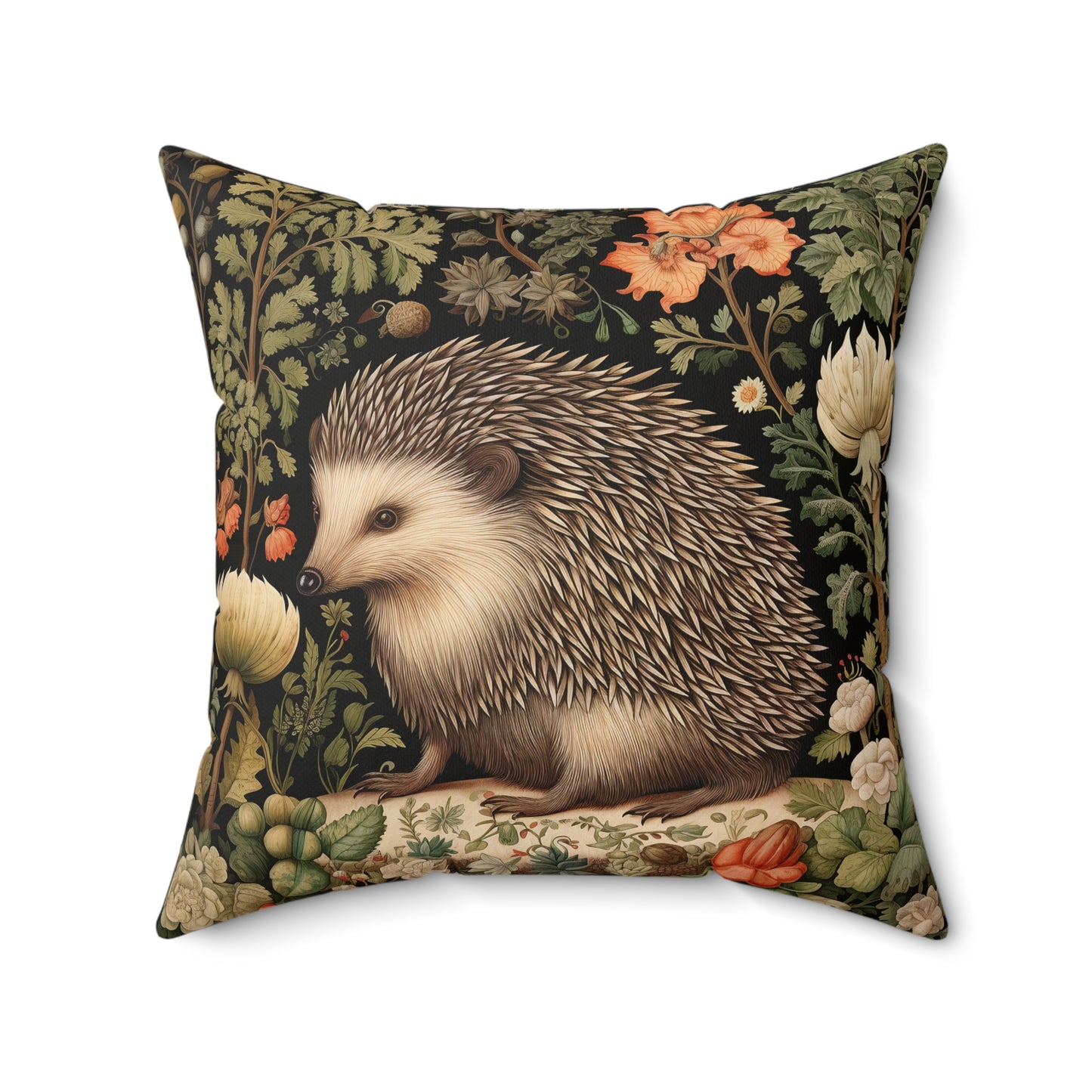 William Morris Inspired Charming Hedgehog Throw Pillow | Forest Hedgehog Floral Home Decor Pillow