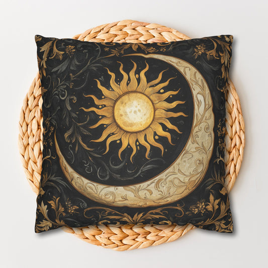 Celestial Sun and Moon Gold Ornate Gothic Polyester Square Pillowcase