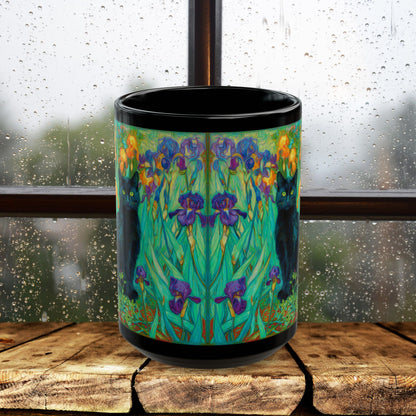 Black Cat Iris Mug, Van Gogh Inspired Cat Art Mug, Colorful Impressionist Floral Black Ceramic Mug, Artistic Cat Lover Gift, 11oz & 15oz
