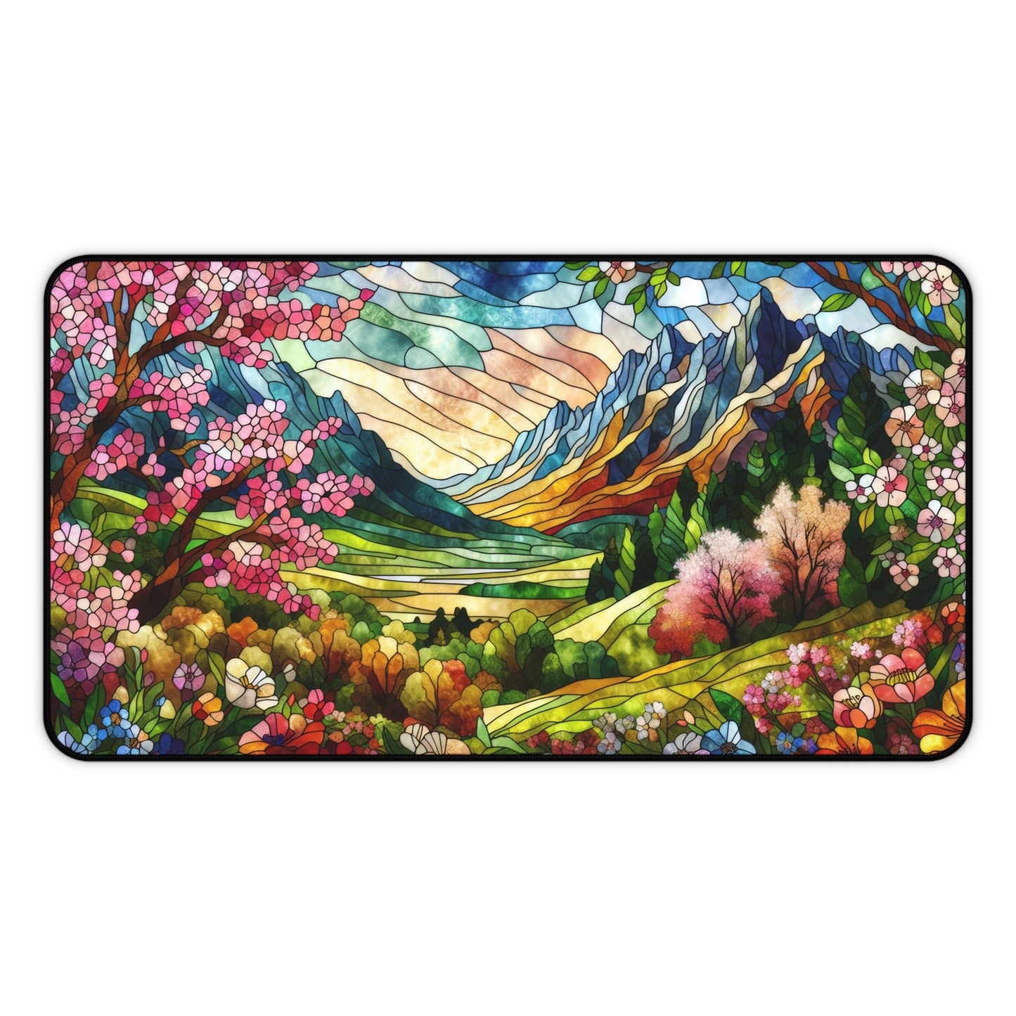 Mountain Landscape Spring Scene | Faux Stained Glass | Desk Mat 2 Sizes | Gamer Keyboard Mouse Pad | Office Decor GiftDesk Mats