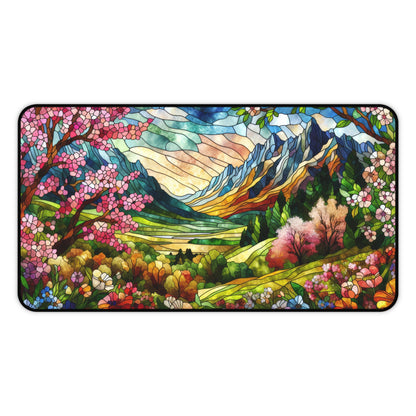 Mountain Landscape Spring Scene | Faux Stained Glass | Desk Mat 2 Sizes | Gamer Keyboard Mouse Pad | Office Decor GiftDesk Mats