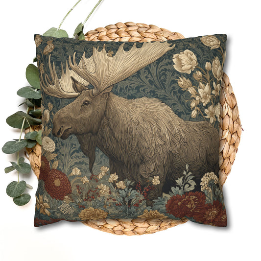 Rustic Moose Floral Throw Pillowcase, Vintage Woodland Decorative Cushion
