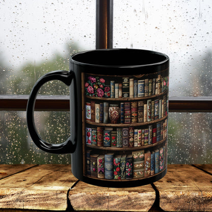 Victorian Bookshelf Mug, Vintage Bookshelf black Mug, Dark Academia Gift Idea, Book Lover Cup 11oz,15oz Botanical Books