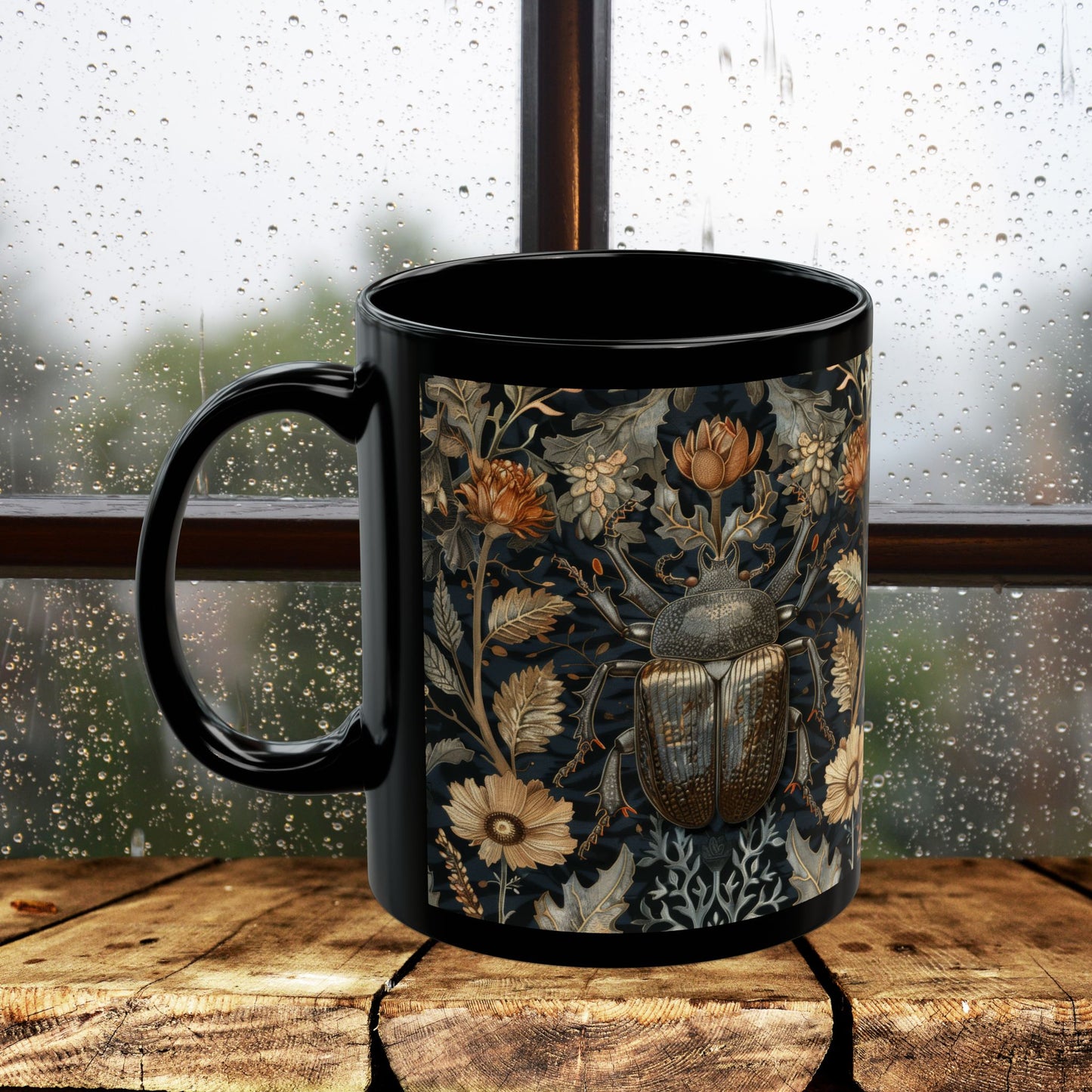 William Morris Inspired Beetle Botanicals Black Coffee Mug (11oz, 15 oz) Insect Lover Gift, Nature Garden Decor