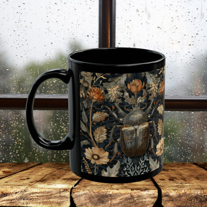 William Morris Inspired Beetle Botanicals Black Coffee Mug (11oz, 15 oz) Insect Lover Gift, Nature Garden Decor