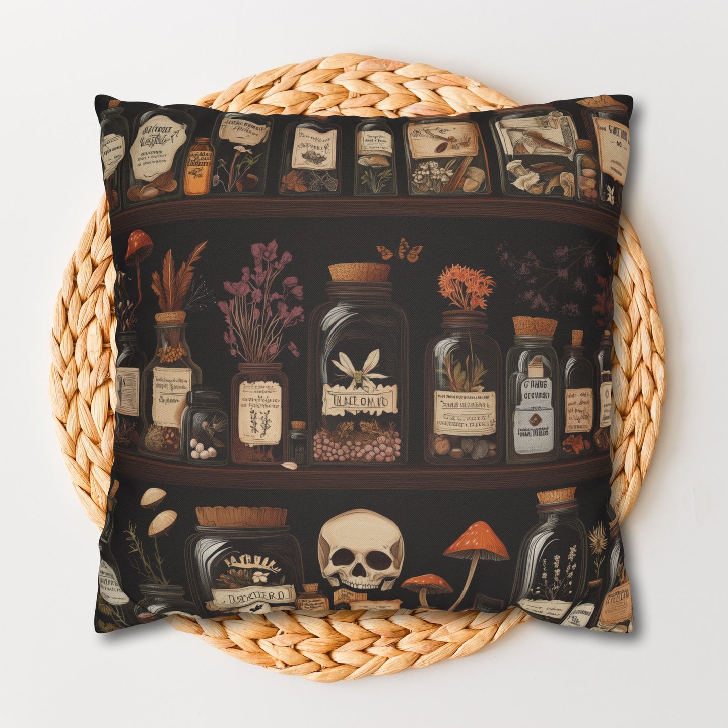 Gothic Apothecary Pillow, Witchcraft Potion Shelf Dark Academia Throw Cushion, Spooky Halloween Decor