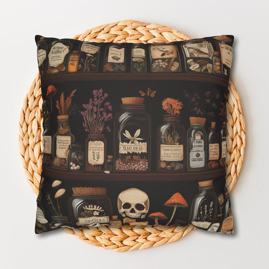 Gothic Apothecary Jars Pillowcase, Witchcraft Potion Shelf Dark Academia Throw Cushion, Spooky Halloween Decor