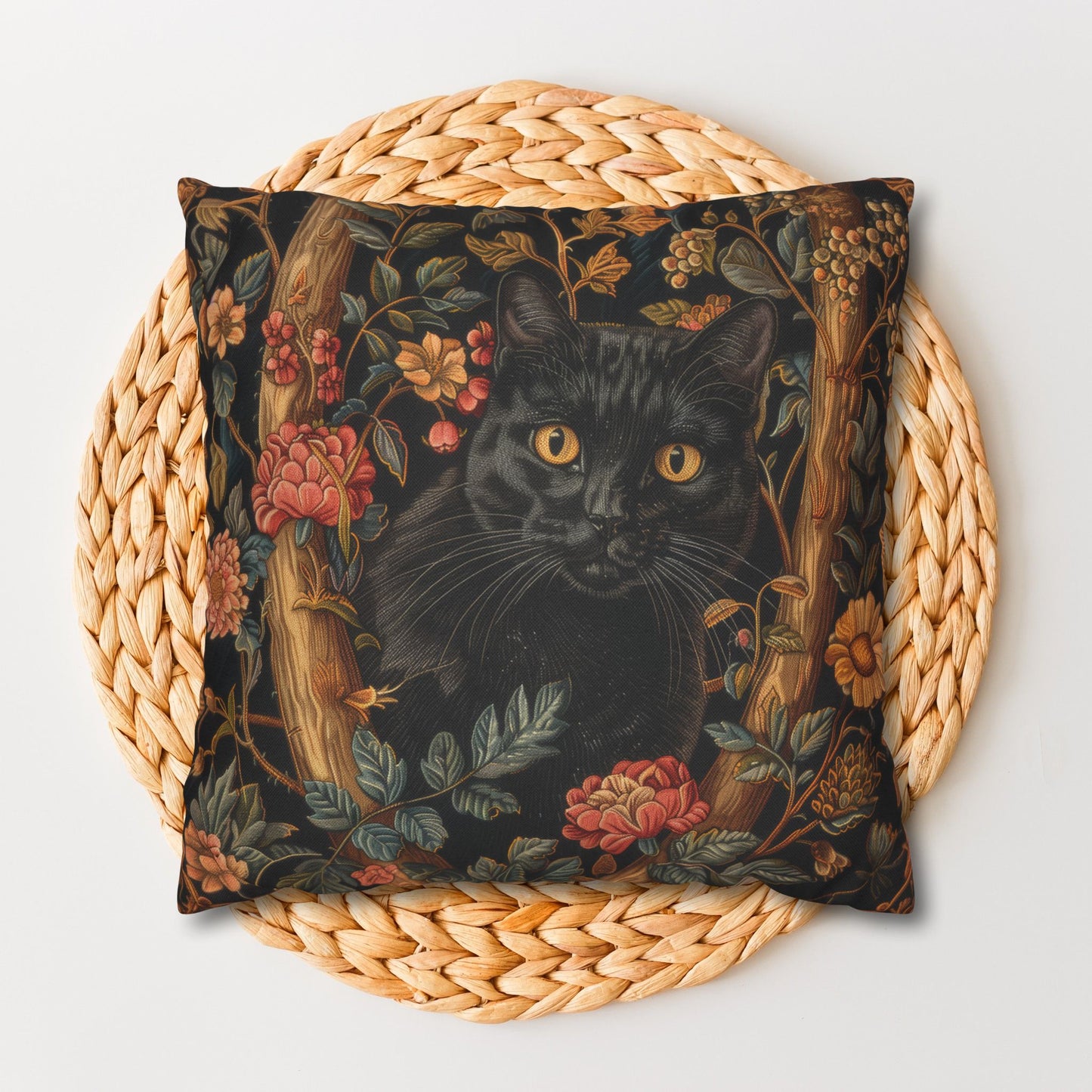 Black Cat Pillowcase Gothic Floral Cushion with Woodland Flowers, Mystical Feline Home Décor