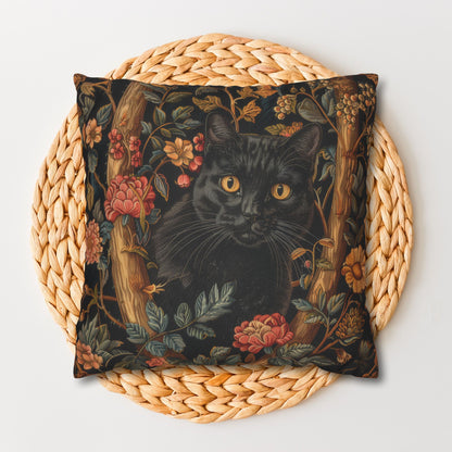 Black Cat Pillowcase Gothic Floral Cushion with Woodland Flowers, Mystical Feline Home Décor