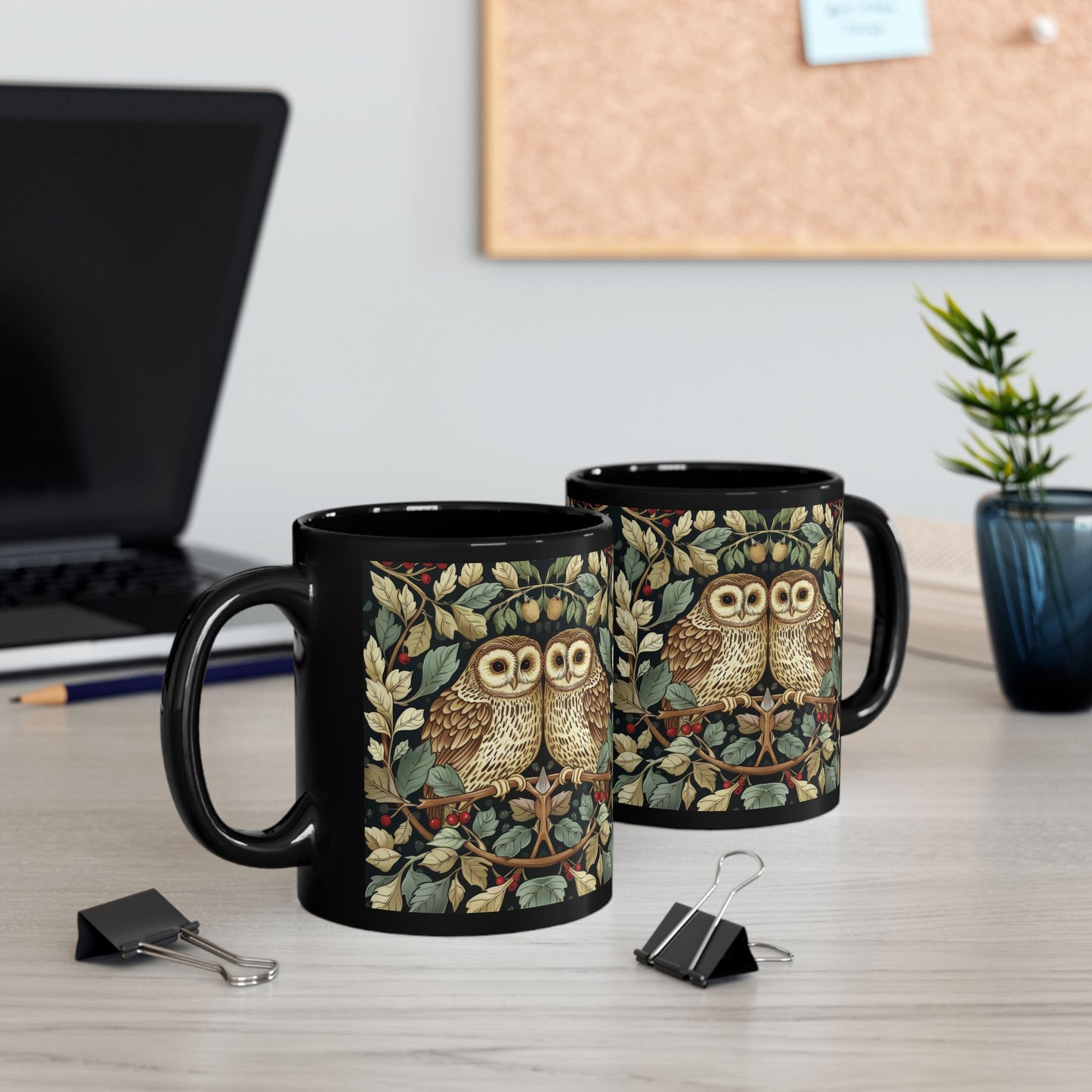 Owl Couple Coffee Mug, William Morris Inspired Woodland Romance Black Ceramic Cup (11oz, 15oz)