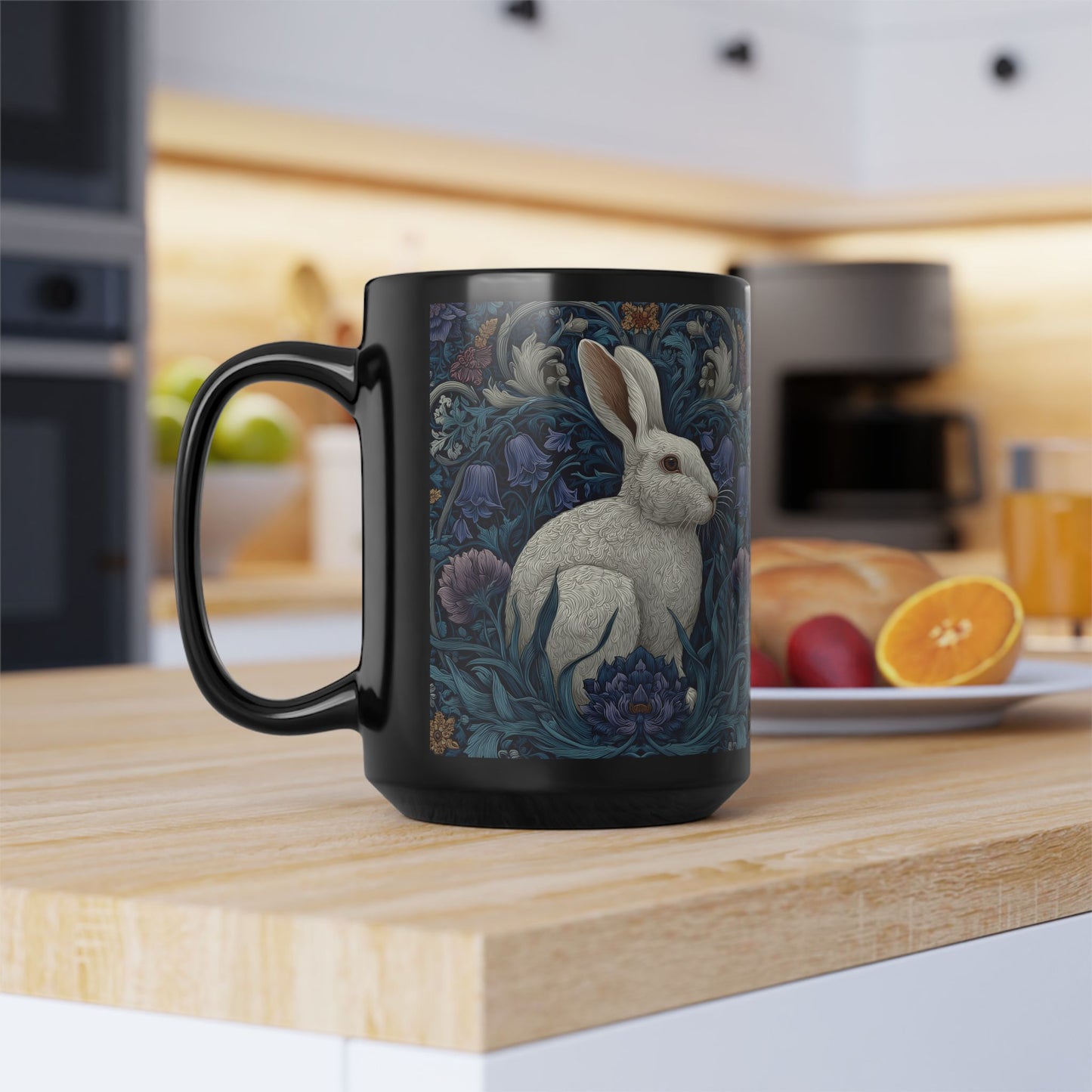 Rabbit Floral Black Mug, Vintage William Morris Style Bunny Coffee Cup (11oz/15oz)