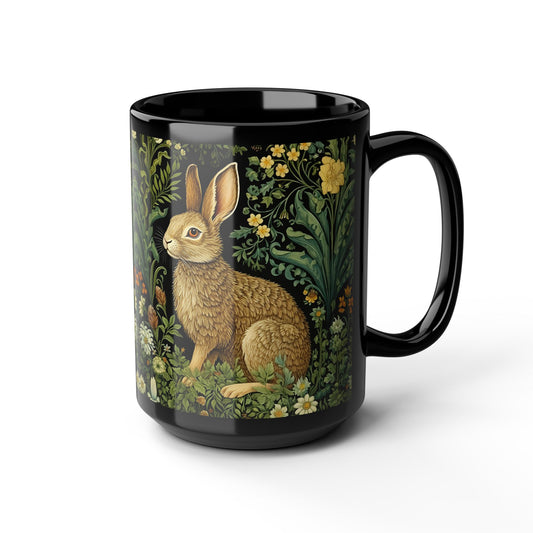 William Morris Inspired Botanical Bunny Cottagecore Black Coffee Mug For Her Him Ceramic Mug Black Mug 11oz, 15oz