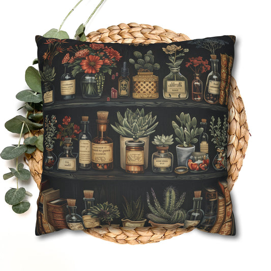 Botanical Apothecary Shelf Pillowcase, Dark Academia Plant & Potion Cushion, Vintage Witchcore Home Decor
