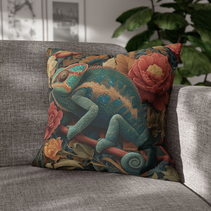 Teal Chameleon Floral Pillowcase, William Morris Style Lizard Cushion with Vintage Botanical Design