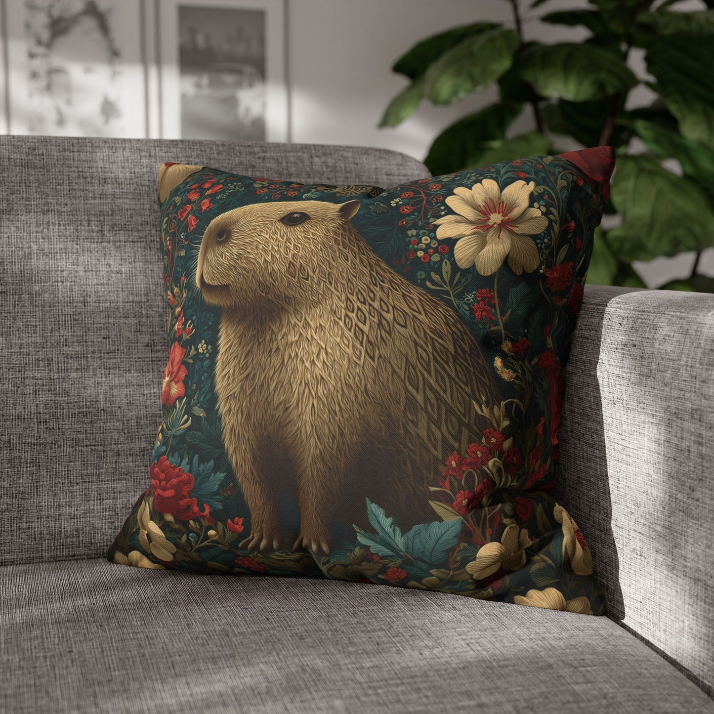 Capybara Floral Pillowcase, William Morris Style Botanical Animal Cushion for Cozy Home Decor