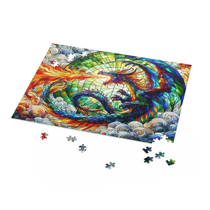 Colorful Dragon Stained Glass Jigsaw Puzzle Box (120, 252, 500-Piece) Adult Jigsaw Puzzle, Gift Him Her