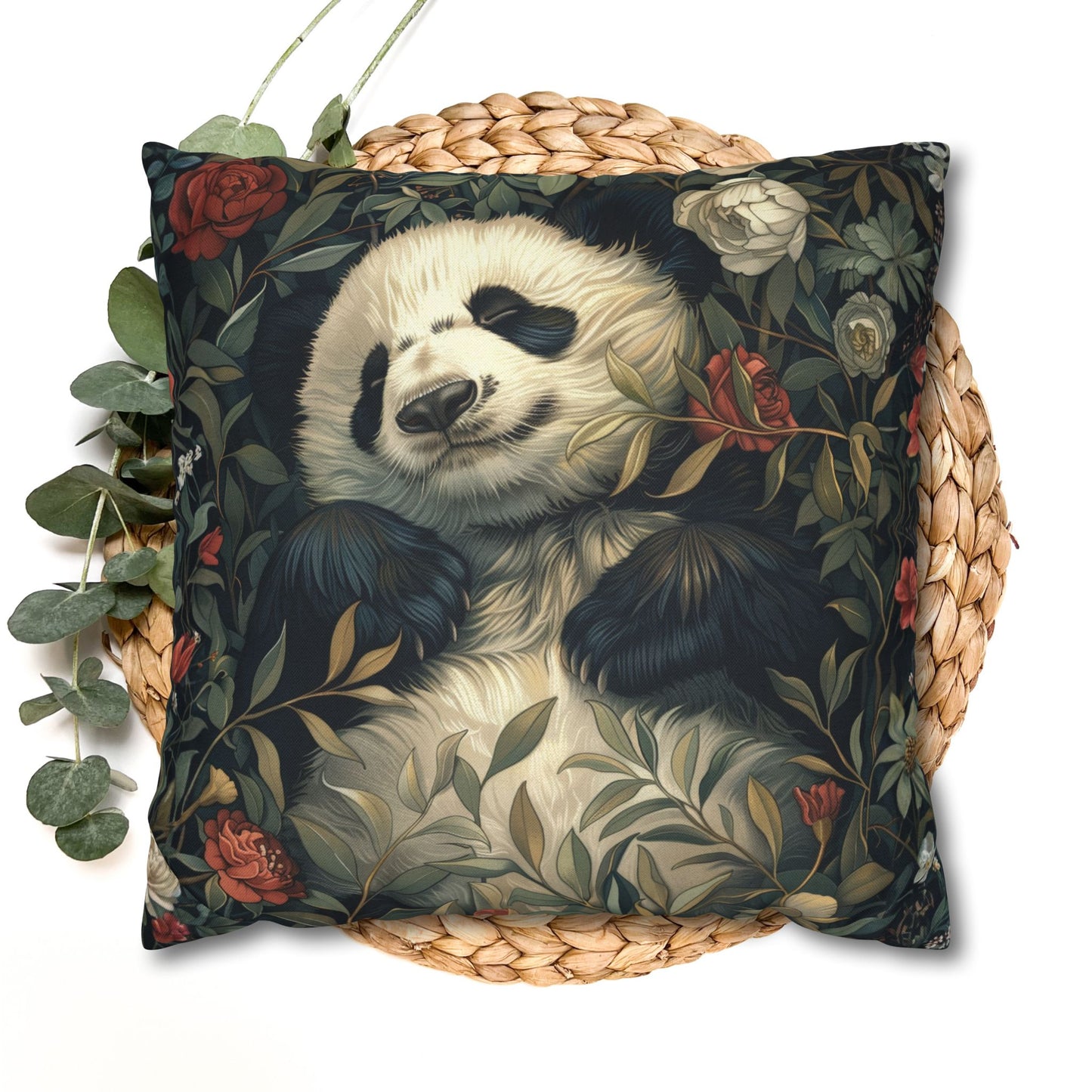 Panda Floral Throw Pillowcase - Vintage Botanical Spun Polyester Cushion Cover