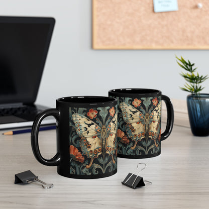 Woodland Botanical Butterfly William Morris Inspired Black Coffee Mug For Her Him Ceramic Mug Black Mug 11oz, 15oz