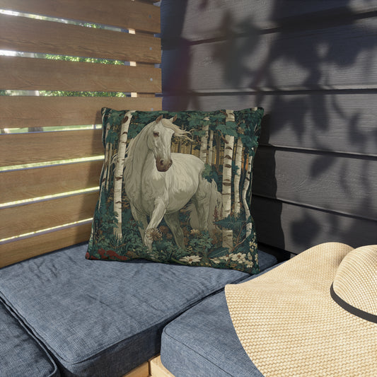 White Horse Forest Outdoor Pillow, Woodland Horse Throw Pillow, Rustic Cabin Cushion, Nature Animal Accent Pillow, Farmhouse Decor, Equestrian Gift Pillow