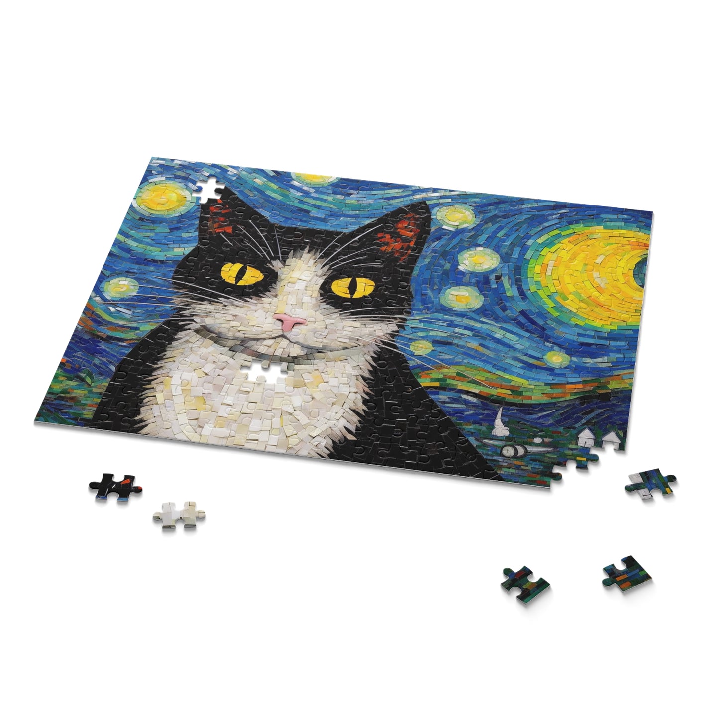Tuxedo Cat The Starry Night Puzzle Van Gogh  (120, 252, 500-Piece) Gift-Ready Box, Adult Jigsaw Puzzle