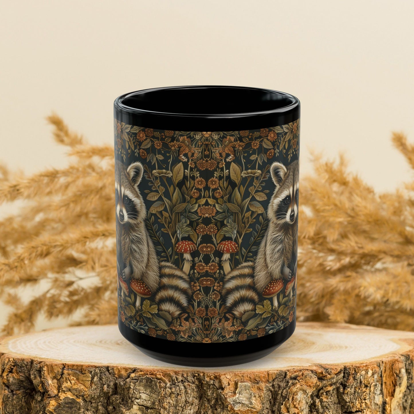William Morris Inspired Raccoon Wild Mushroom Black Mug (10oz, 15oz)