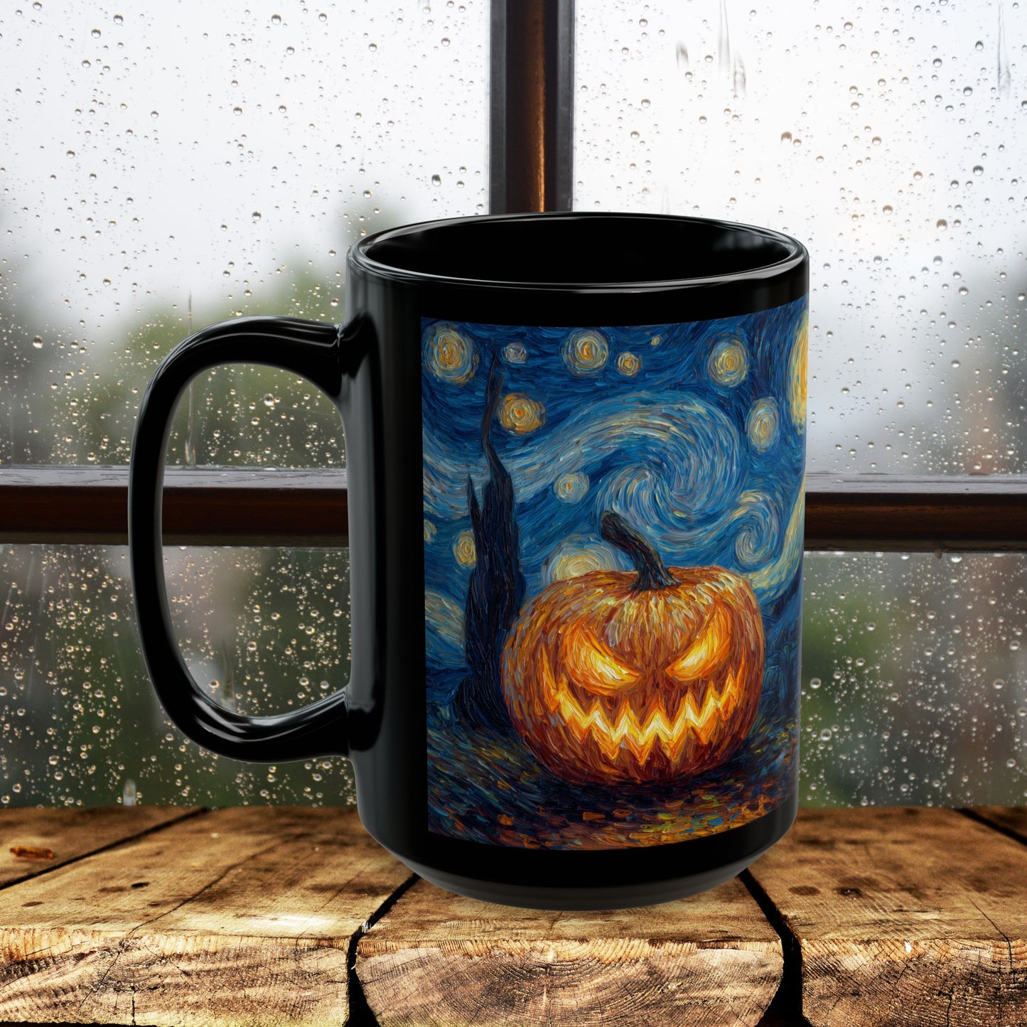 Halloween Pumpkin Art Mug, Black Mug for Halloween Decor, Starry Night Inspired, Spooky Coffee Cup, Gift for Pumpkin Lovers