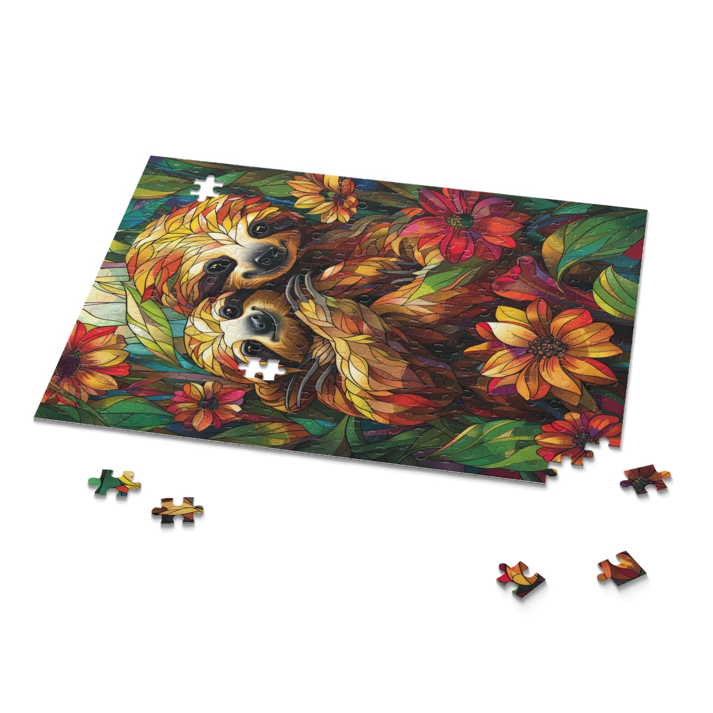 Faux Stained Glass Cuddling Sloth Puzzle Box (120, 252, 500-Piece) Family Jigsaw Puzzle, Puzzle Box Gift