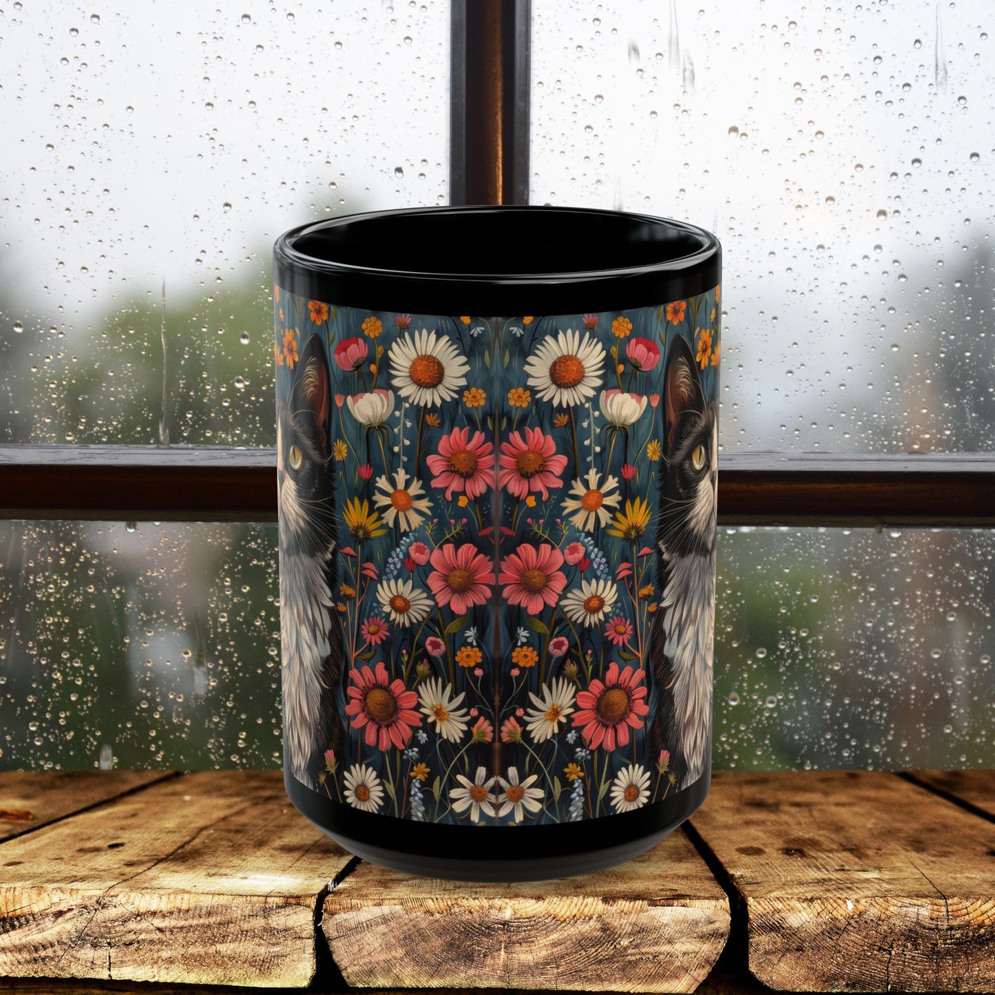 Tuxedo Cat Floral Mug, Vintage Botanical Cat Coffee Mug, William Morris Inspired Black Ceramic Mug 11oz & 15oz