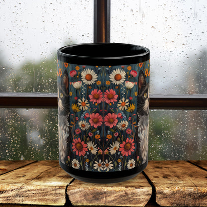 Tuxedo Cat Floral Mug, Vintage Botanical Cat Coffee Mug, William Morris Inspired Black Ceramic Mug 11oz & 15oz